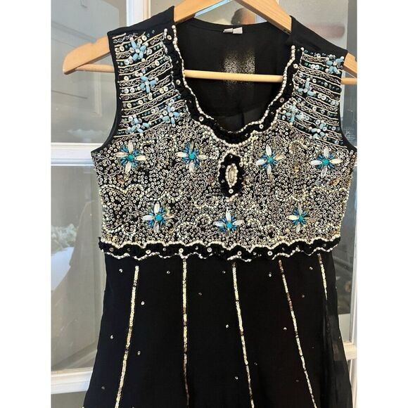 Vtg Womens Small Black Dress Whimsigoth Dark Fairy Flapper Sequin Beaded Ff - Picture 2 of 9